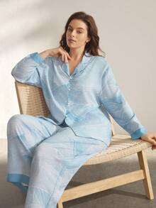 Ocili 大码女式舒适几何山纹图案翻领宽松长袖上衣和裤子睡衣套装，自然色，冬季服装 - 藍色 - 查看 2