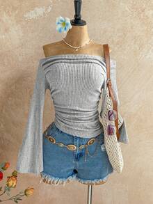 Soleia Winter Clothes For Women Winter  Beach Fashion Women's Casual Solid Color Off-Shoulder Ruched Top Off The Shoulder Top Off The Shoulder Long Sleeve Top Ribbed Top Gray Ribbed Top - Grey - View 5