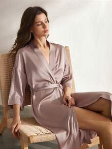 Ocili Comfortable Silky Satin-Like Soft Mid-Sleeve Robe With Tie, Women Sleepwear - Khaki - View 7