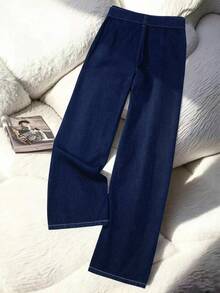 GlowEve 女士休闲水洗高腰阔腿牛仔裤，配腰带 - 藍色 - 查看 2