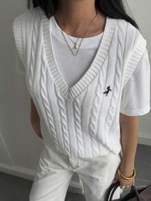 Livesso Chaleco de punto holgado y casual sin mangas con patrón de bordado de dibujos animados, adecuado para uso en la oficina en otoño, primavera y verano, para mujer - Blanco - Ver 6