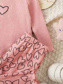 新生女宝宝可爱休闲针织粉色长袖上衣和心形图案松紧腰裤家居服套装 - 粉色 - 查看 3