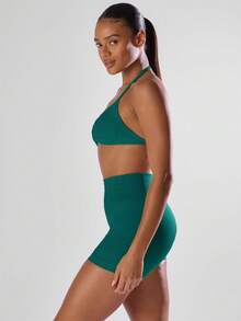 Musera Sport Solid Ruched Bust Open Back Halter Sports Bra, Active Comfy Workout Gym Running Run Club,Padel, Tennis, Pickleball Gym Fitness - Teal Blue - View 4