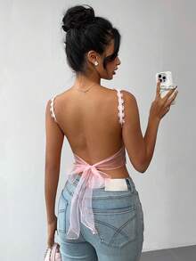 SHEIN PETITE Women's Sexy Tie-Front Backless Cropped Tank Top, Summer - Pink - View 5