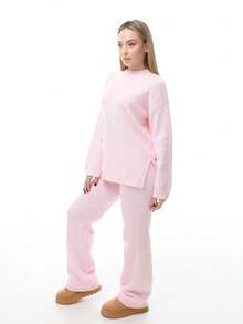 Katetique Women's Casual Solid Color Knitted Sweater And Pants 2 Pieces Set, Autumn/Winter - Baby Pink - View 5