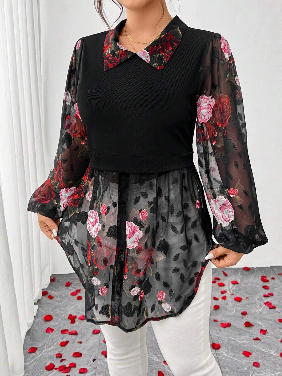 SHEIN Elenzya 大码女式优雅通勤花卉印花网纱拼接上衣 情人节 - 彩色 - 查看 1