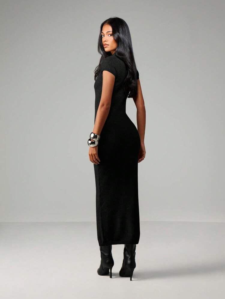 MISSGUIDED Ribbed Knit Cap Sleeve Maxi Sweater Dress Round Neckline Winter Fall Bodycon Midi Length Pullover