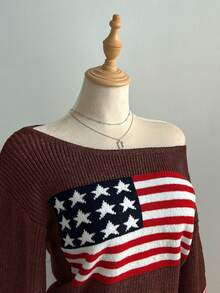 Elamini 女士休闲旗帜图案提花针织毛衣，秋冬款 - 鏽棕色 - 查看 4