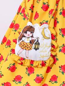 Ramadan Lantern, Star & Moon Cartoon Print Lace Patchwork Robe, 1pc Cute Infant Printed Dress, Abaya - Orange - View 4