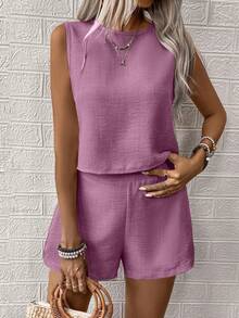 EMERY ROSE Bộ 2 món áo thun cổ tròn màu trơn không tay vải họa tiết rộng rãi và quần short cho nữ - Hồng - Xem 3