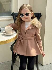 SHEIN Elladie kids 年輕女孩毛絨裝飾連帽系腰帶大衣（無毛衣） - 駝色 - 查看 1