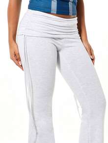 SUMWON WOMEN 舒适翻折腰带运动裤休闲家居裤宽松阔腿裤日常穿着 - 灰色 - 查看 4