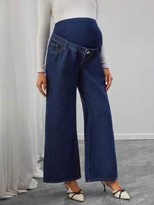Momance Adjustable Waist Loose Fit Maternity Wide Leg Jeans, Navy Blue - Navy Blue - View 4