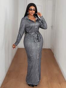 Maweii Plus Size Fashionable Long Sleeve Cinched Waist Slit Bodycon Dress - Black - View 4