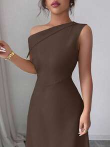 Modelyn Women's Yellow Asymmetrical Shoulder Ruched Waist Elegant Dress - Brown - View 5