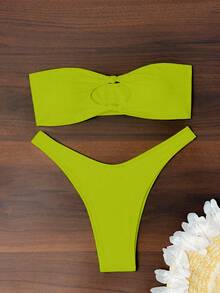 SHEIN Swim 夏季海灘無肩帶露肩露腰霓虹色比基尼泳裝套裝 - 綠色 - 查看 1