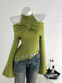Elamini 1件女士炭灰色个性化精致露肩系带蝴蝶结设计不对称下摆弹力针织休闲毛衣，秋冬款 - 綠色 - 查看 3