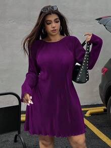 SHEIN EZwear 大码女式船领罗纹收腰休闲派对度假长袖连衣裙 - 紫色 - 查看 4