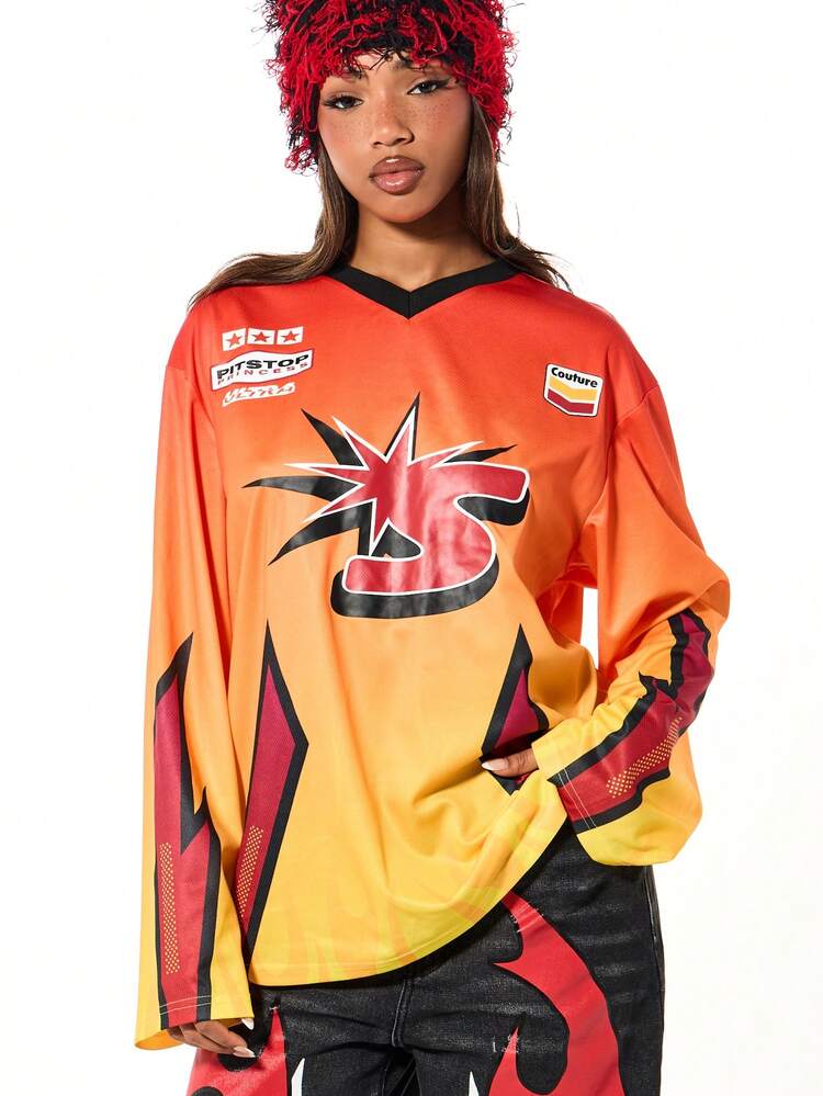 SUMWON WOMEN Flame Gradient Moto Racing Jersey With Graphic Print