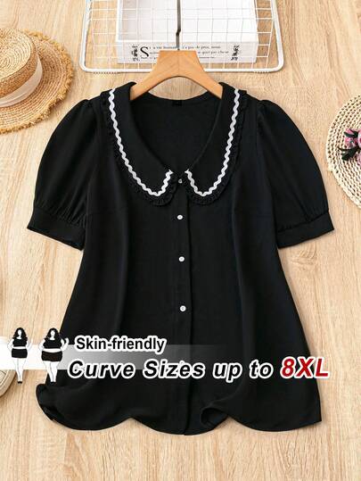 SHEIN CURVE+ Plus Size Women's Solid Color Simple Peter Pan Collar Blouse/2026 /New Year