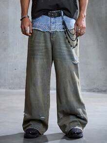 ROMWE MEN Street Life Quần Jeans Nam Cổ Điển, Vải Cotton, Vải Chắp Vá, Rách, Đã Giặt - Màu xanh lam - Xem 4