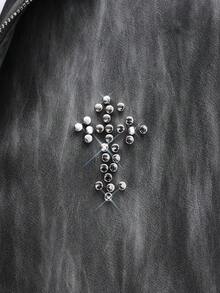 SUMWON Chaqueta con capucha de ajuste corto y lavada de PU con aplicación de cristal de rosa de strass de manga larga - Gris - Ver 6