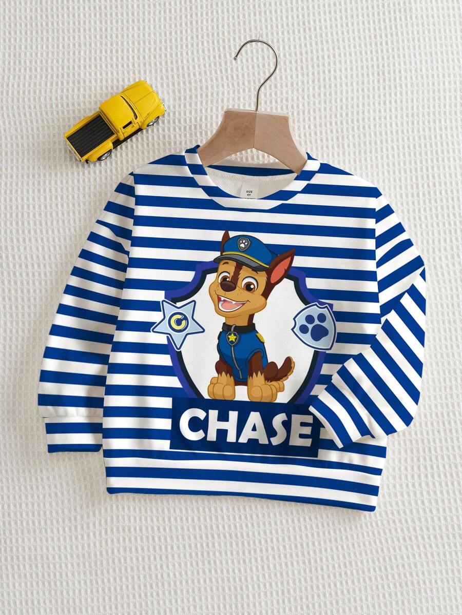 SHEIN | PAW Patrol Young Boy Cartoon Dog & Letter Striped Print Crew Neck Sweatshirt, Casual Everyday Wear, Spring/Autumn - White - View 1