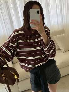 DAZY Women's Loose Fit Polo Collar Striped Sweater, Elegant And High-Quality - Brown - View 4