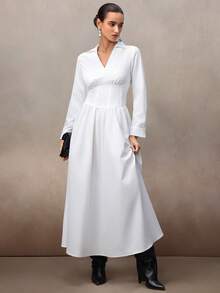 NOVVYNE White Shirt-Style Waist Cinched Dress, Flared Skirt, Elegant Office Wear, Slimming, Niche High-End Feel