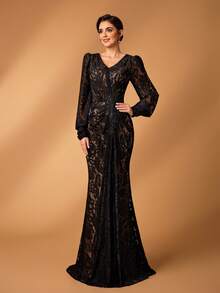 Serin Elegant Luxurious Embroidered Elastic Lace Puff Sleeve Ruched Fishtail Dress With Rhinestone Buttons, Suitable For Weddings, Parties, Vacations, Galas, Holidays, Bride, Mother Of The Bride Evening Gowns - Navy Blue - View 5