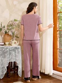 Côtesoire Conjunto de pijama francês casual com detalhes em renda e mangas curtas - Rosa - Ver 2