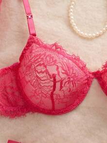 SHEIN Eyelash Lace Underwire Bra & Panty Lingerie Set - Hot Pink - View 3