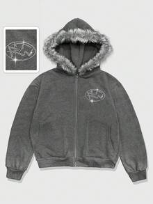 ROMWE MEN Street Life 男士水钻字母图案拉链连帽衫，带毛领 - 灰色 - 查看 1