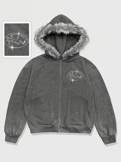 ROMWE MEN Street Life 男士水钻字母图案拉链连帽衫，带毛领