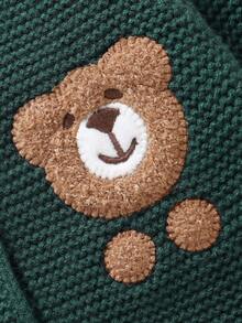 SHEIN Baby Boy Romper, Peter Pan Collar, Embroidered Bear Design, Cute & Adorable - Dark Green - View 8