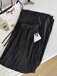 SHEIN EZwear Pantalones de pierna ancha de cintura con cordón plisado - Negro - Ver 6