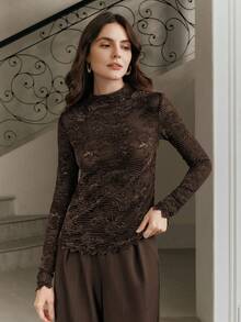 Anewsta High Quality Fashion Women's Embroidered Pleated Textured Mock Neck Long Sleeve Top - Brown - View 6