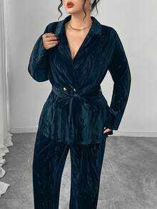 Graceveil Plus Size Solid Color Velvet Long Sleeve Suit Set, Elegant For Commuting Abayas - Navy Blue - View 4