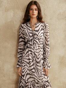 Florisole Women's Chiffon Zebra Print Dress With Ruffled Hem, Pleated Waist, Gathered Neckline, Tie Hem, And Spliced ​​Long Sleeves. New Year Dress Elegant Dresses For Women Women's New Year's Eve Dresses - Black and White - View 5