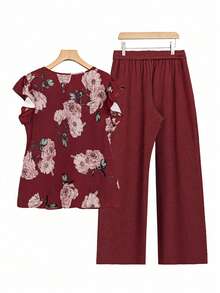 Bộ 2 áo tay lửng in hoa thường ngày cho nữ và quần ống đứng, Xuân/Hè - Màu Đỏ Sâu - Xem 2