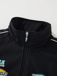 Manfinity Roghcode Manfinity Streetrush Men's Black Winter Streetwear Date Motorcycle Style Letter Print Contrast Piping Zip-Up Stand Collar Warm Padded Racing Jacket - Mint Green - View 5