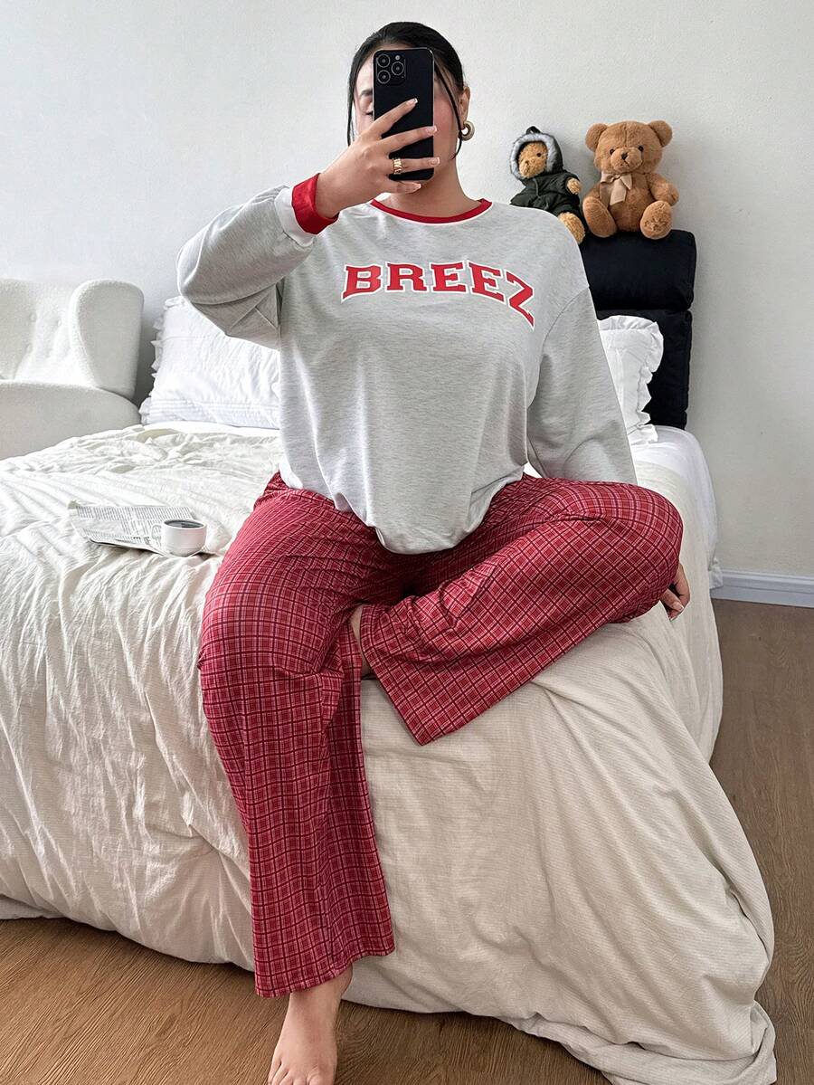 Dream Adore Plus Size Letter Print Contrast Color Casual Pajama Set - Multicolor - View 1