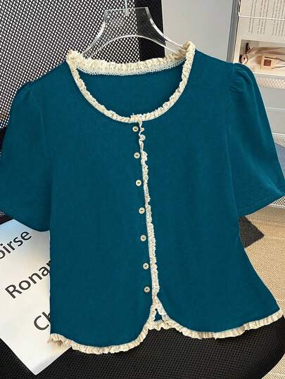 Everyssa Women's Casual Contrast Lace Puff Sleeve Single-Breasted Loose T-Shirt, Summer