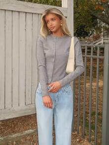 Sydney Algeri Suéter de manga larga con botones, casual de primavera, estilo Y2K de los 90, lindo para aeropuerto, vacaciones, verano, otoño, vuelta al colegio, otoño, invierno, uso diario, Navidad, trabajo, oficina, elegante para fiesta de noche - Gris - Ver 1