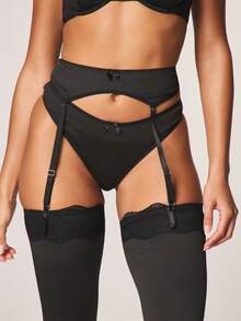 MISSGUIDED Bộ đồ lót gồm áo ngực balconette có gọng viền ren đen và quần lọt khe cạp cao kèm tất đùi, thích hợp cho những dịp riêng tư. - màu đen - Xem 4