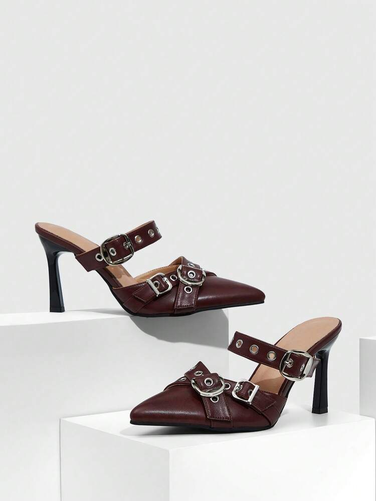 CUCCOO SZL Women's Pointed Toe Buckle Design Everyday Versatile Fashion Mule High Heels For Christmas