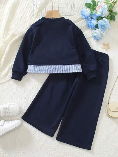 Elladie kids Set de 2 sudaderas holgadas con estampado floral gris y decoración de moño, con apariencia de dos piezas, estilo coreano para niñas