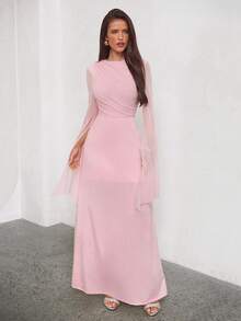 Aloruh 情人节粉色浪漫长袖网纱针织缎面拼接连衣裙 - 粉色 - 查看 7