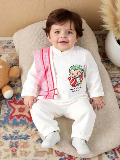 SHEIN 2件套新生男宝宝可爱卡通印花短袖连体衣和围巾套装，适合正式场合、生日派对、锐舞派对、晚宴、演出、婚礼、满月庆祝、洗礼和一周岁生日等场合。