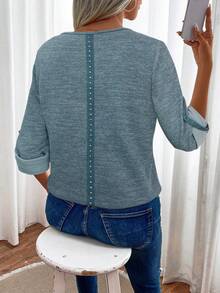 SHEIN LUNE Áo thun nữ cổ chữ V tay lửng dáng rộng thời trang - Màu xanh lam - Xem 4